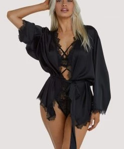 Wolf & Whistle Black Lace Trim Robe Other Lingerie