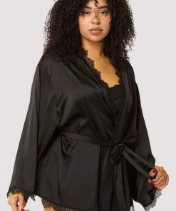Wolf & Whistle Black Lace Trim Robe Other Lingerie
